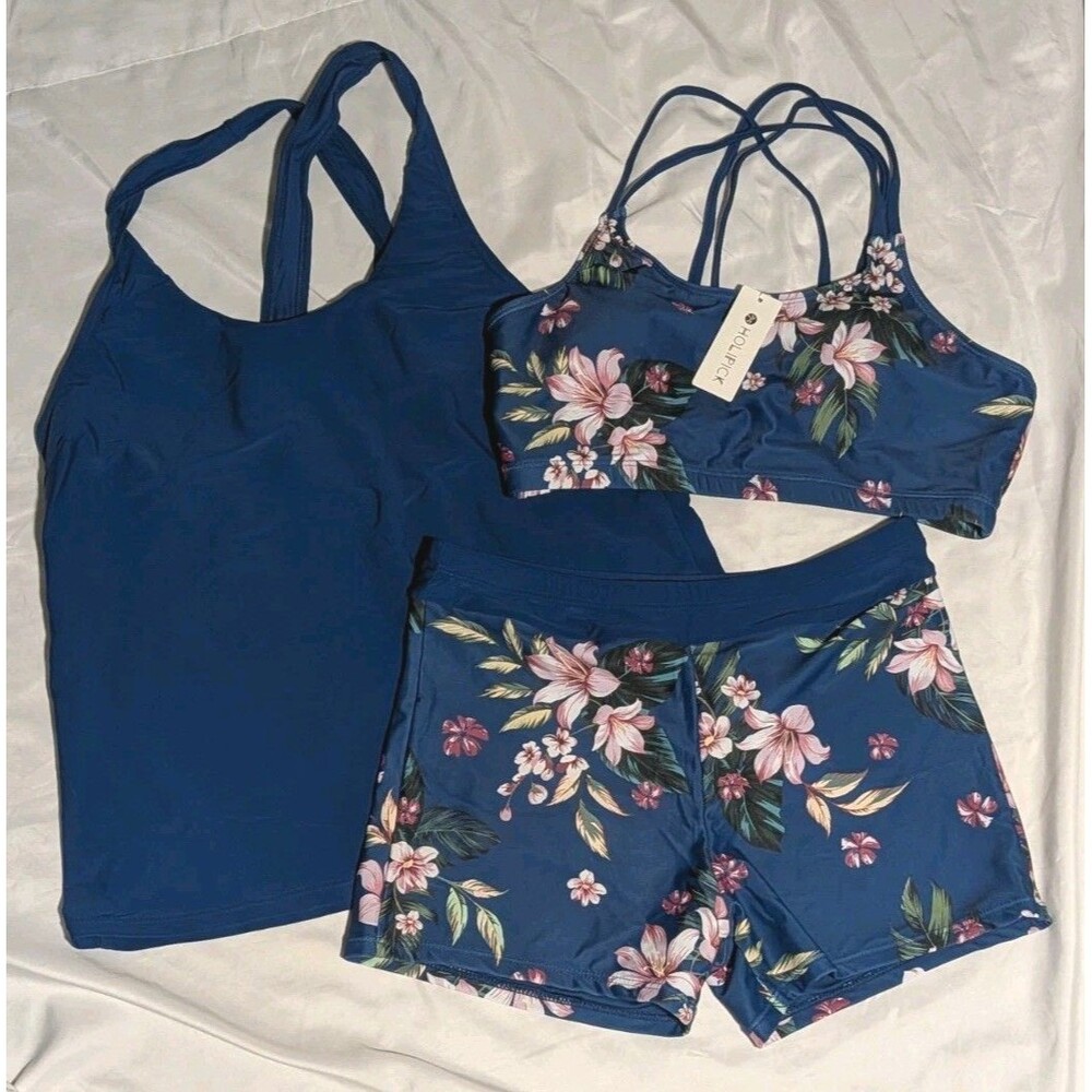 Holipick 3 PC Swimsuit Blue Tropical Floral NWT Women's M Tank Boy Shorts Top